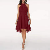 New Fashion Pure Color Temperament Women's Sexy Out-Shoulder Sleeveless Round Collar Micro-Folding Waist Repair