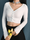 Ribbed Long Sleeve Button Crop Top-Outfit
