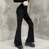 Dark Retro Spring Black Bell-Bottomed Women's Wear Spring Suede Embossed Leisure Trousers-Outfit