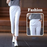 Women Pants Korean Style 2023 Summer New High Waist Slim Thin Crop Casual Solid Pockets Elegant Fashion Trousers-Outfit
