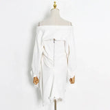 White Sexy Dresses For Women Boat Neck Long Sleeve Cold Shoulder Gathered Waist Mini Dress 2021 Summer New