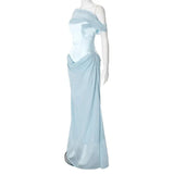 Blue Satin Corset Chiffon Off-shoulder Maxi Dress-Outfit