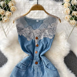Lace Splicing V-Neckless Denim Dress Women's Summer Senior Feeling Lanky