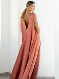 V Neck Silk Long Dress Women Sleeveless Sexy Party Dresses Women Backless Loose Summer Dresses Solid-Outfit