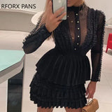 Neck Sheer Mesh Insert Ruffles Buttoned Dress-Outfit