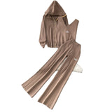 Three-Piece Women's Winter Casual Zipper Knitted Coat + Embroidered Vest + High-Waisted Wide