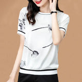 Women's Clothing Summer Short Sleeve O-Neck Floral Screw Thread Printing T-shirt Loose Fashion Casual Elegant Plus Size Tops-Outfit