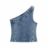Asymmetrical Collar Retro Denim Breast Wrap Blouse