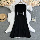 Toloer Knit Splicing Dress Simple Temperament Round Collar Long Sleeve Gradient Slim Thin Long Skirt