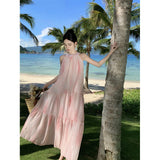 Toloer French Salt Sweet Tie Belt Hanging Neck Sleeveless Loose Long A Word Pink Tie-Dye Vest Temperament
