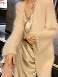 Women Soft Lady Mink Cashmere Sweater Coat Knitted Cardigan Loose Casual Overcoat Beaded Trimmed with Pearls Jacket