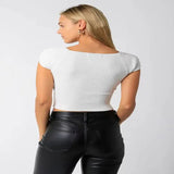 Toloer Sell Versatile New Fashion Slim Square Neck Stretch Shoulder Short Sleeve Sweater Sweater Woman-Outfit
