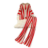 Women's Summer V-Neck Loose Knitted Cardigan Top + Broad Leg Trousers Set With Striped Hollow