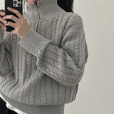 Vintage Lapel Neck Cable Knit Sweater-Outfit