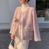 Socialite Small Sweet Wind Sweater Coat Female Senior Sense Delicate Autumn And Winter Pink Temperament Chic Knit Cardigan-Outfit