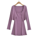 Trend Women's Fungus Edge Cardigan Short Style Long-Sleeved Coat Suspender Body-Stylish Dress Two-Piece Suit-Outfit