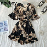 Ruffled Women Playsuits Elastic High Waist Bow Female Jumpsuit Romper Butterfly Sleeve Short Overalls for