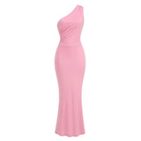 Pink One Shoulder Back Tie Up Maxi Dress-Outfit