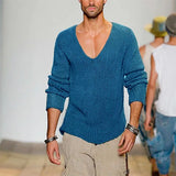 Toloer Men's Long Sleeve V-Neck Loose Sweater Fashion Casual Solid Color Knit Jumper Men's Plus