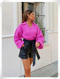 Solid Pink Pullover Femme Fashion Autumn Spring Long Sleeve Knitted Sweater 2022 Women Turn Down Collar Chandails Crop
