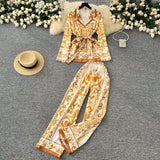 Fashion Positioning Print Strapping Belt Collar Long Sleeve Top Female High-Waist Broad Leg Straight Trousers