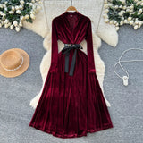 Light Luxury Famous Woman High-End Sense V Collar Long Sleeve Strap To Close The Waist Velvet Dress Women Autumn And Winter Lanky