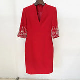 Fashion Spring And Summer New Heavy Industry Nails And Studded Sleeve V-Neck And Knee Dress Small