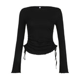 Toloer Wind Pure Desire Black Tie Simple Draw Rope Long Sleeve T-Shirt Temperament Waist Slim Heart Versatile Top-Outfit