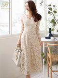 Han Queen Temperate A-line Lace Dress Women Spring Full Sleeve Long Swing Dresses OL Special Occasion Evening Party Vestidos-Outfit