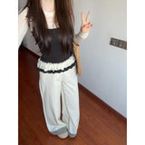 Rice White Temperament Spliced High-Waisted Casual Pants Women Spring New Small Loose Broad Legs Long
