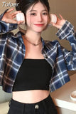 Crop Tops Blouse for Women Korean Casual Plaid Shirts High Waist Long Sleeve Loose Blouses 2023 Blusas Mujer De Moda