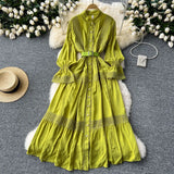 Court Retro Elegant Dress Women's Collar Horn Sleeves To Close Single Buckle Lace Splicing Large Swing