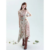Patchwork Floral Long Short Dress For Women 2024 Summer Boat Neck A Line Midi Dress Short Floral Aesthetic Clothes-Outfit