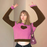 Pastel Gothic Color Match Sweaters Women's Harajuku Kwaii Pink Wide Ribs Pullovers Heart Print Slim Streetwear