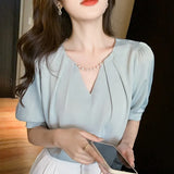 Top Femme Short Sleeve Blouse Women Blusas Mujer De Moda 2021 Verano Beading V-Neck Chiffon White Blouse Shirt Tops