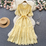 Women Dress Embroidary Solid Summer 2022 Hollow Out V Neck Ruffled Sashes Adjustable Waist Ladies Long A Line