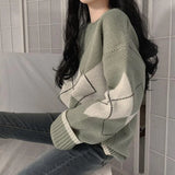 Argyle Sweaters Women Fashion Plaid Sweater Aesthetic Vintage Women Jumpers Autumn Winter Long Sleeve Pull Femme 2022