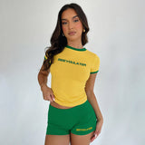 Toloer Style Hottie Contrast Color Fashion Suit Letter Print T-Shirt Tight Sports Shorts Two-Piece Set-Outfit