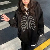 Black Gothic Rhinestone Design Zipper Hoddie-Outfit