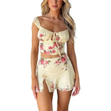 Women Two Piece Summer Outfit Tie-up Floral Print Copped Crop Tops and Split A Line Mini Skirt y2k Clothing Sets