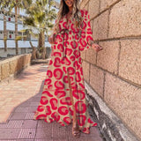 Autumn New Wish Sexy V-Tie Single-Breasted Floral Beach Dress-Outfit