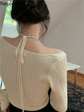 Women Cropped Sweater Korean V Neck Y2K Tops Pullover Halter Off Shoulder Sweaters Long Sleeve Fake Two Piece