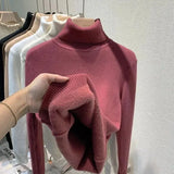 Velvet Turtleneck Pullovers Women Korean Fashion Lined Warm Sueter Knitted Slim Top Winter Jersey Knitwear Jumper