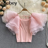 Summer New Japanese Style Korean Fashion Women's Blouse Casual Retro Solid Color Round Neck Flying Sleeves