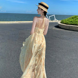 Toloer Summer Vacation Gentle Yellow Tune Dyed Flowers With Neck Flounce Print Skirt Beach
