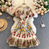 Retro Mesh Embroidery Dress Women Short Sleeve Ruffles A-line Dress Summer High Quality Elegant Chic Streetwear