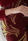 Winter Elegant Velvet With Sequins Deep V Neck Long Sleeve Slit Cocktail Eevening