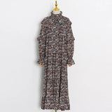 Vintage Red Patchwork Ruffle Long Dress Female Stand Collar Lantern Sleeve Loose Maxi Dresses For Women 2021