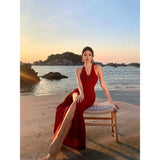 High-End Red V-Neck Hanging Neck Sling Dress Women Feel Forked And Hip Dress Seaside Holiday