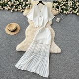 Two-Piece Skirt 2025 Summer High-End Short-Sleeved Knitted Top High-Waisted Splicing 100-Folded